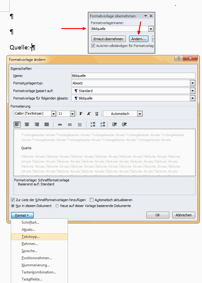 Kleiner Dialog Formatvorlage und Dialogfeld Formatvorlage ändern